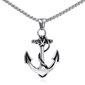 Vintage silver anchor pendant necklace with rope detail and polished square bead chain
