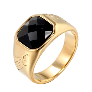 Men's gold-plated stainless steel signet ring with a faceted black onyx stone inlay