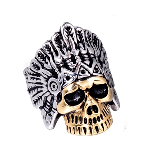 Vintage Stainless Steel Indian Chief Skull Ring For Men Hip Hop Punk Gothic Feather Headdress Biker Jewelry Gold Silver Black
