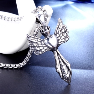 Gothic stainless steel wing heart crown sword pendant with a vintage box chain necklace