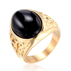 Vintage Stainless Steel Signet Ring For Men Gold Plated Hollow Carved Filigree Tiger Eye Black Rhinestone Punk Jewelry Ring