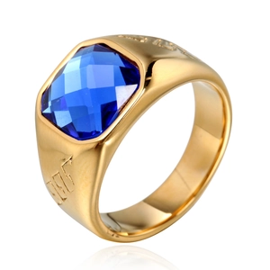 Gold stainless steel signet ring for men featuring a large square-cut blue gemstone center