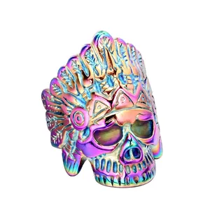 Rainbow plated stainless steel Indian chief skull ring with feather headdress