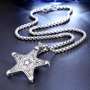 Vintage Punk Pentagramm Stern Anhänger mit Boxkette aus poliertem Edelstahl für Damen und Herren