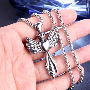 Retro stainless steel necklace with winged heart pendant on a square box chain link