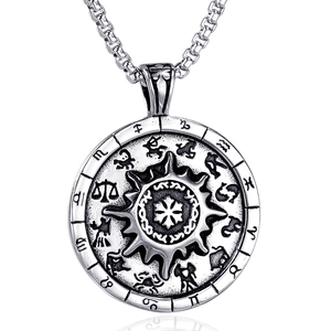 Pendentif Boussole Zodiaque en Acier Inoxydable 316 Vintage pour Hommes Argent Antique Astrologique Soleil Rond Pendentif Sans Chaîne