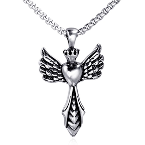 Retro Gothic Angel Wing Heart Crown Pendant Necklace Stainless Steel Punk Cross Sword Jewelry For Men Women No Chain