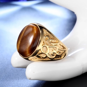 Vintage men's gold stainless steel ring with oval tiger eye stone and filigree carving