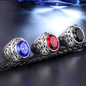 Lot de bagues vintage pour hommes en acier inoxydable avec pierres bleue, rouge et noire