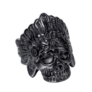 Matte black gold-plated stainless steel Indian chief skull ring for men with feather details