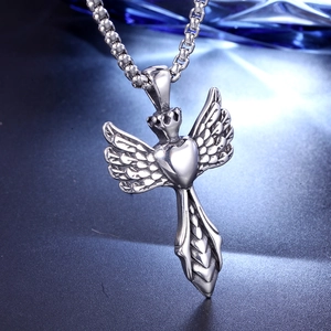 Vintage stainless steel wing heart crown necklace with silver box chain for men