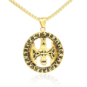 Collana con ciondolo a croce rune vichinghe dorata e design ad ascia su catena lucida