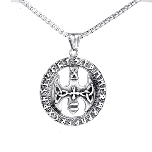 Viking style silver stainless steel cross axe pendant necklace with nordic runes