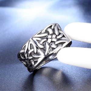 Vintage Viking punk steel ring with Celtic knot patterns and antique silver finish for men