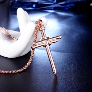 Pendentif croix clou en acier inoxydable or rose avec chaîne à billes pour homme