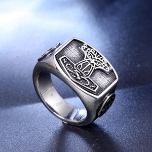 Vintage Thor's Hammer Mjölnir ring in antique silver steel with Nordic Viking runes