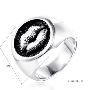 Macro detail of men's stainless steel hip hop ring with 18mm 3D lip relief and engraving