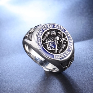 Vintage silver masonic skull ring for men with blue enamel and stainless steel engraving