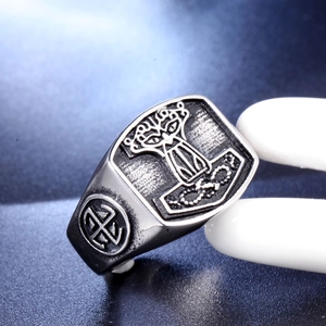 Retro Viking Mjolnir ring in vintage stainless steel with Nordic shield relief for men