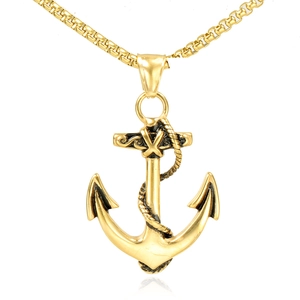 Polished gold anchor pendant necklace for men with nautical rope detail and box chain link