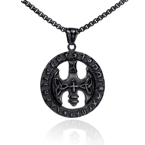 Gothic black titanium steel cross pendant necklace with Nordic rune engraving for women