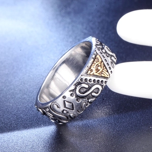Vintage stainless steel Freemason eye ring for men with silver finish and gold detailing