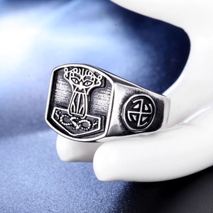 Vintage Thor Mjolnir ring for men made of stainless steel with Norse Viking motifs