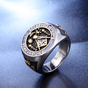 Vintage Freemasonry skull ring for men in stainless steel with gold relief symbols