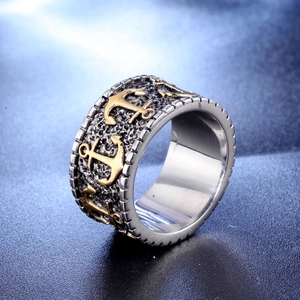 Retro punk stainless steel wide band ring with golden anchor patterns for men
