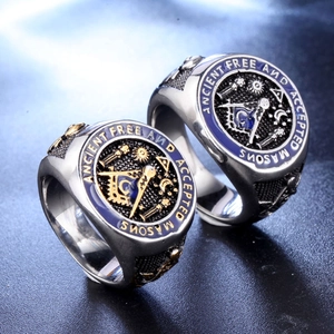 Vintage stainless steel Freemason skull ring with blue enamel and compass masonry logo