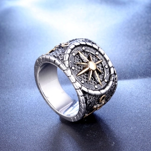 Vintage nautical titanium steel ring for men with golden compass and anchor engravings