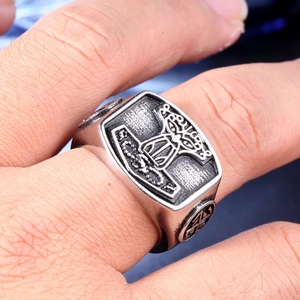 Vintage Thor's Hammer Mjölnir ring in stainless steel with a punk rock Viking aesthetic