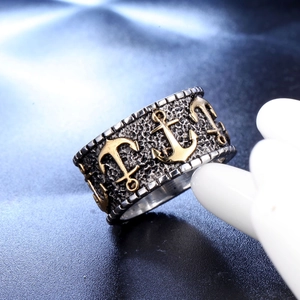 Vintage punk anchor ring for men featuring nautical relief on textured stainless steel