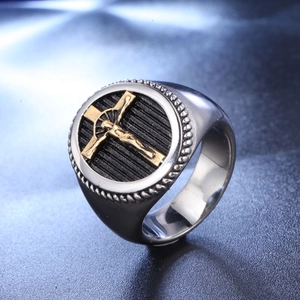 Retro men's stainless steel religious ring with gold Jesus crucifix relief and black texture