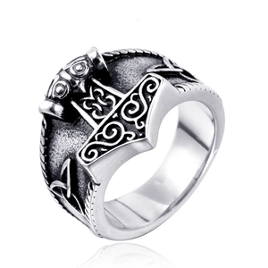 Men Stainless Steel Viking Thor Hammer Mjolnir Ring Retro Punk Rock Nordic Mythology Jewelry Finger Ring Accessory