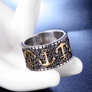Retro punk stainless steel ring for men featuring a gold embossed anchor design