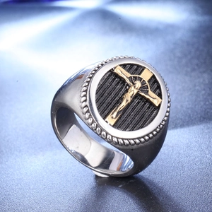 Men's vintage silver stainless steel ring with black dial and golden crucifix cross
