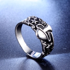 Gothic punk skull and mushroom embossed stainless steel ring in vintage silver finish