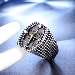 Retro stainless steel compass signet ring for men with nautical N E S direction markers