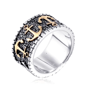 Retro Punk Stainless Steel Anchor Ring For Men Nautical Distressed Two Tone Gold Silver Band Fashion Jewelry Gift