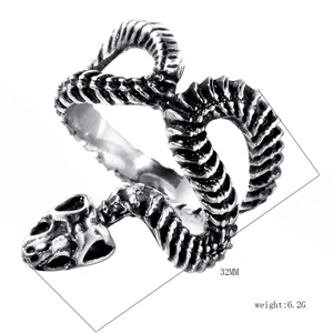 Macro detail of gothic snake skull ring showing 32mm length and 6.2g weight
