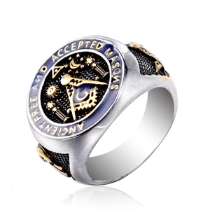 Men's Retro Masonic Titanium Stainless Steel Signet Ring Ancient Free And Accepted Masons Square And Compass Band Jewelry