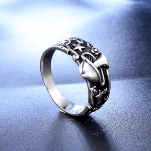 Gothic punk style stainless steel skull ring with vintage embossed floral and star patterns