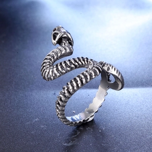 Retro stainless steel snake ring with textured scales and 3D industrial serpent design