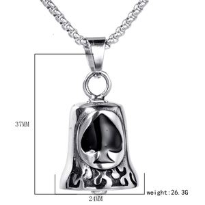 Detail showing dimensions of punk stainless steel ace of spades bell pendant necklace