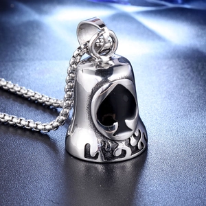 Vintage Retro Punk Spades Bell Pendant Necklace Stainless Steel Men Gothic Biker Flame Relief Jewelry Box Chain Necklace
