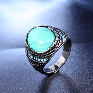 Bague punk vintage pour homme en acier inoxydable avec pierre turquoise et finition argentée