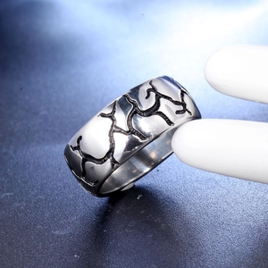 Retro stainless steel wide ring with black branch crack patterns for men
