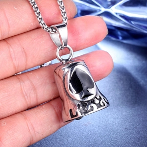 Vintage punk spade bell pendant in silver stainless steel with square pearl chain for men
