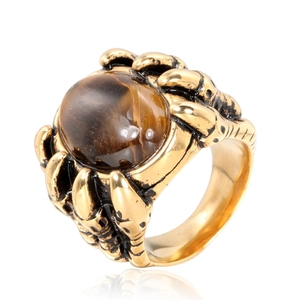 Men Vintage Punk Gothic Dragon Claw Ring Titanium Steel Inlaid Tiger Eye Black Stone Retro Band Ring Personality Jewelry
